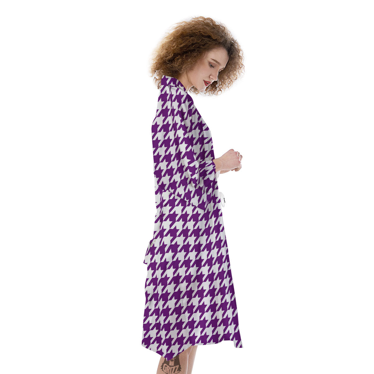 Houndstooth White And Purple Print Kimono-grizzshop