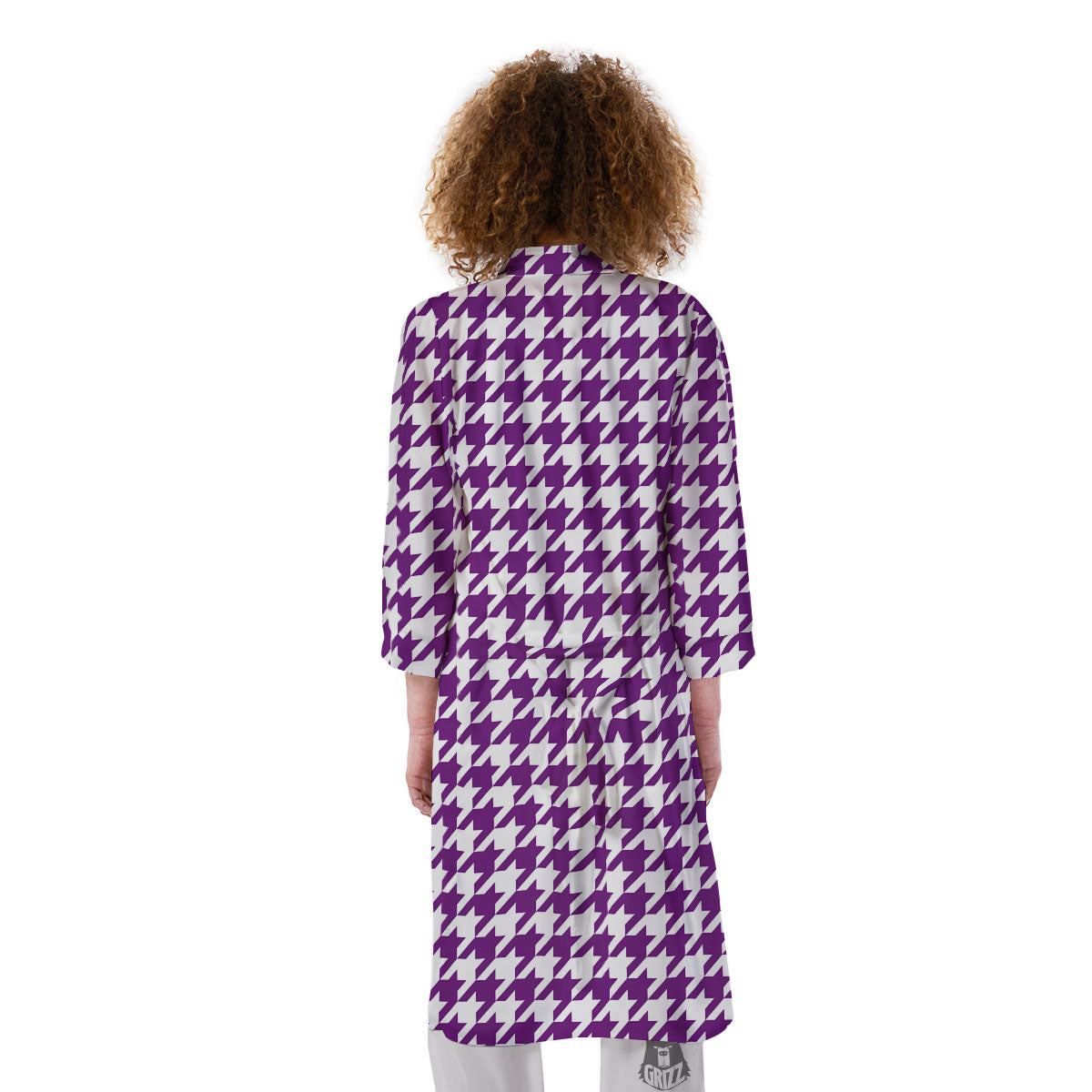 Houndstooth White And Purple Print Kimono-grizzshop