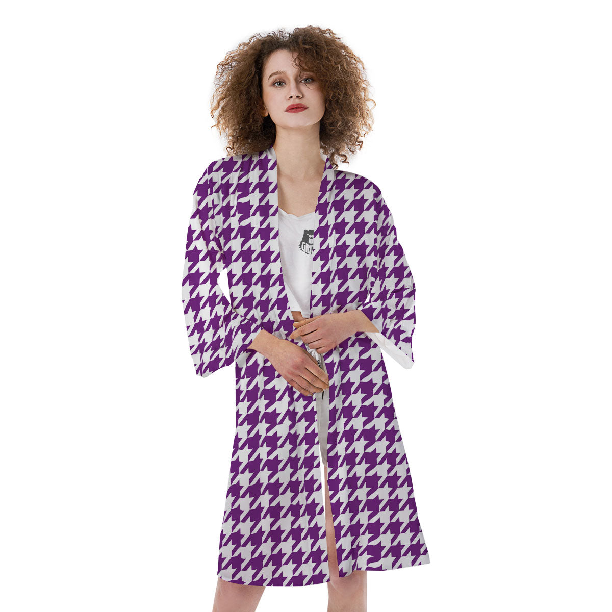 Houndstooth White And Purple Print Kimono-grizzshop