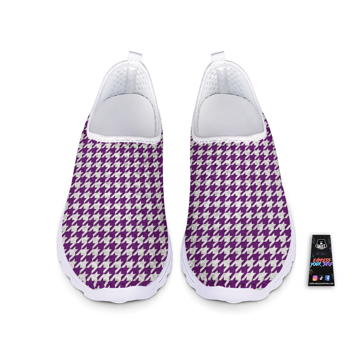 Houndstooth White And Purple Print Nurse Shoes-grizzshop