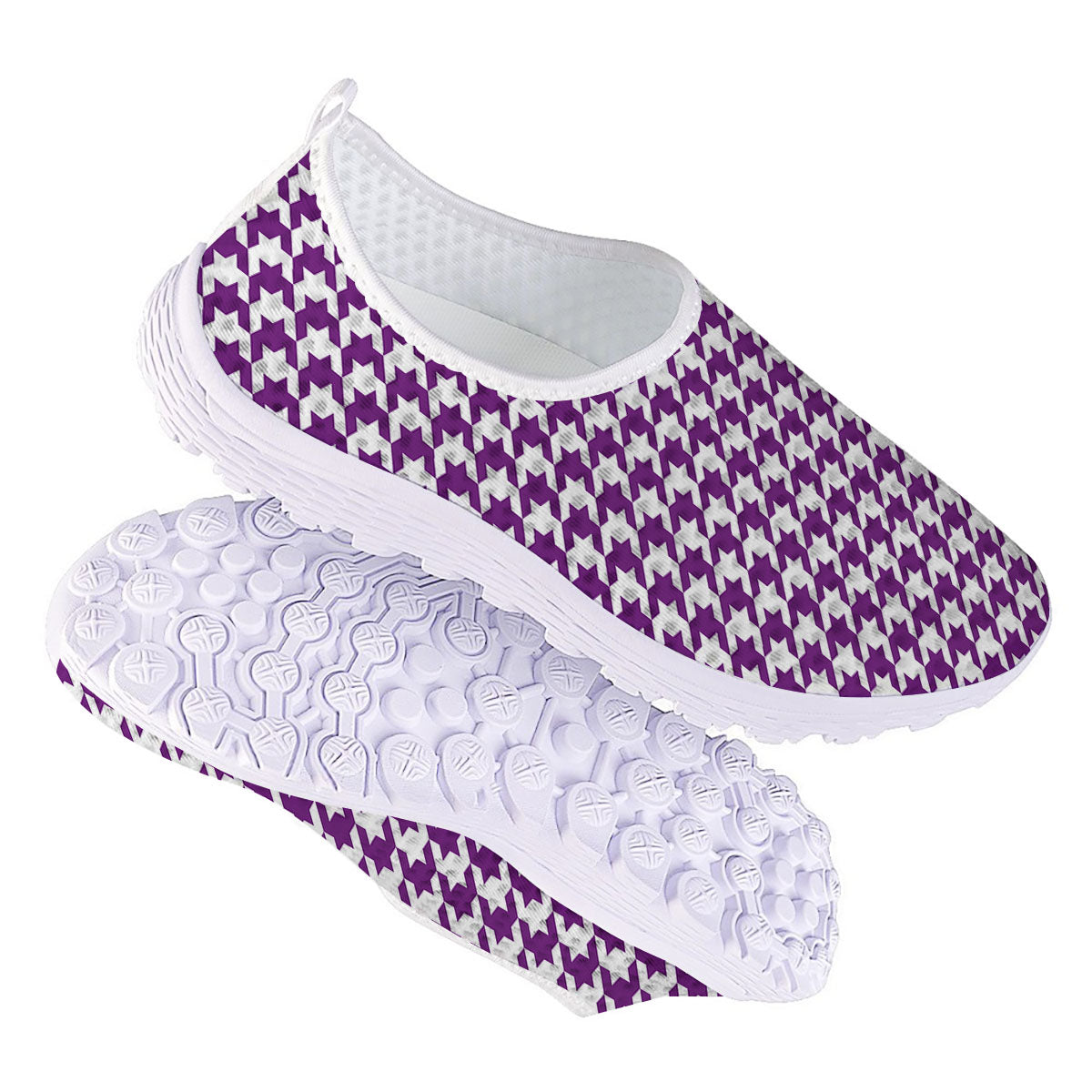 Houndstooth White And Purple Print Nurse Shoes-grizzshop