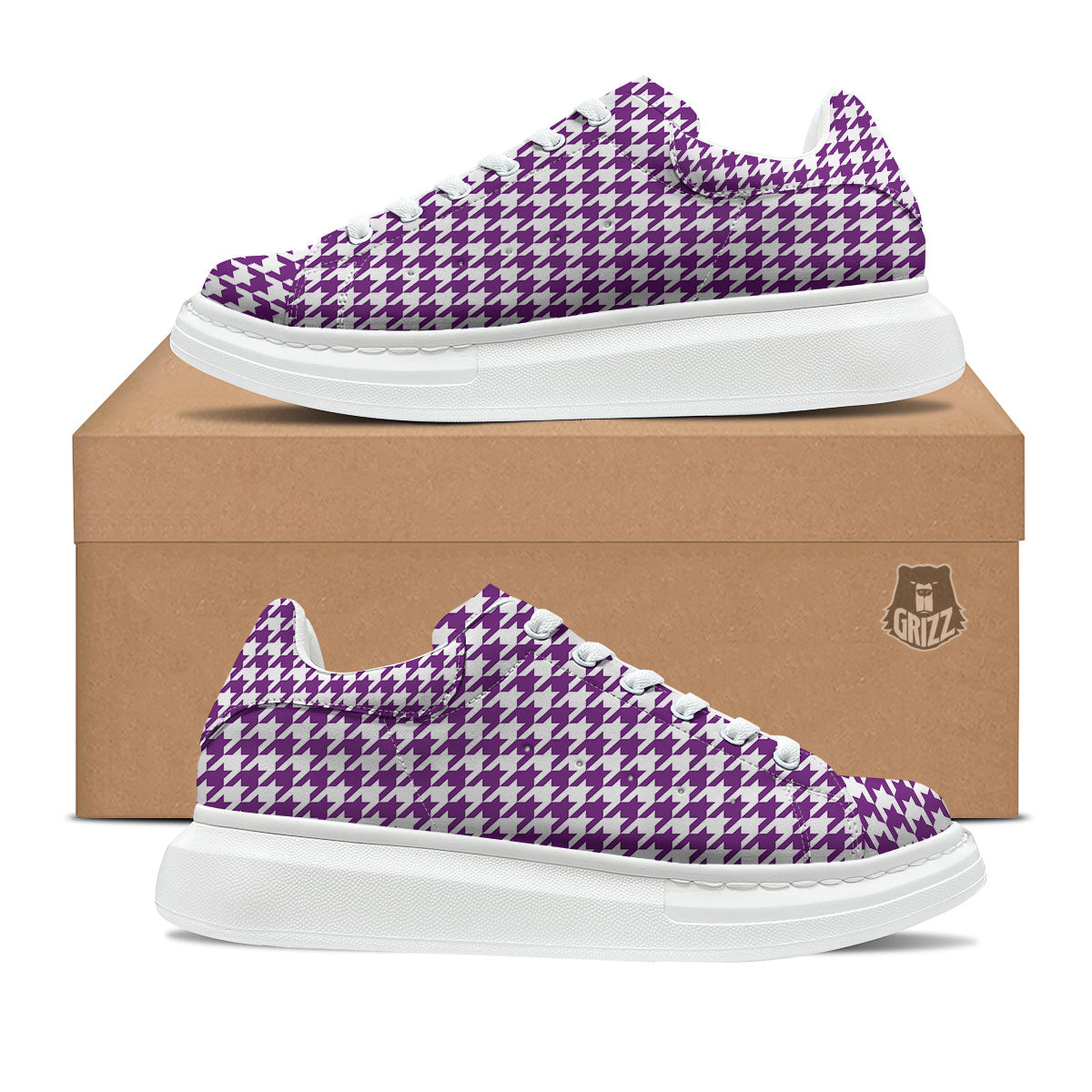 Houndstooth White And Purple Print Platform Shoes-grizzshop