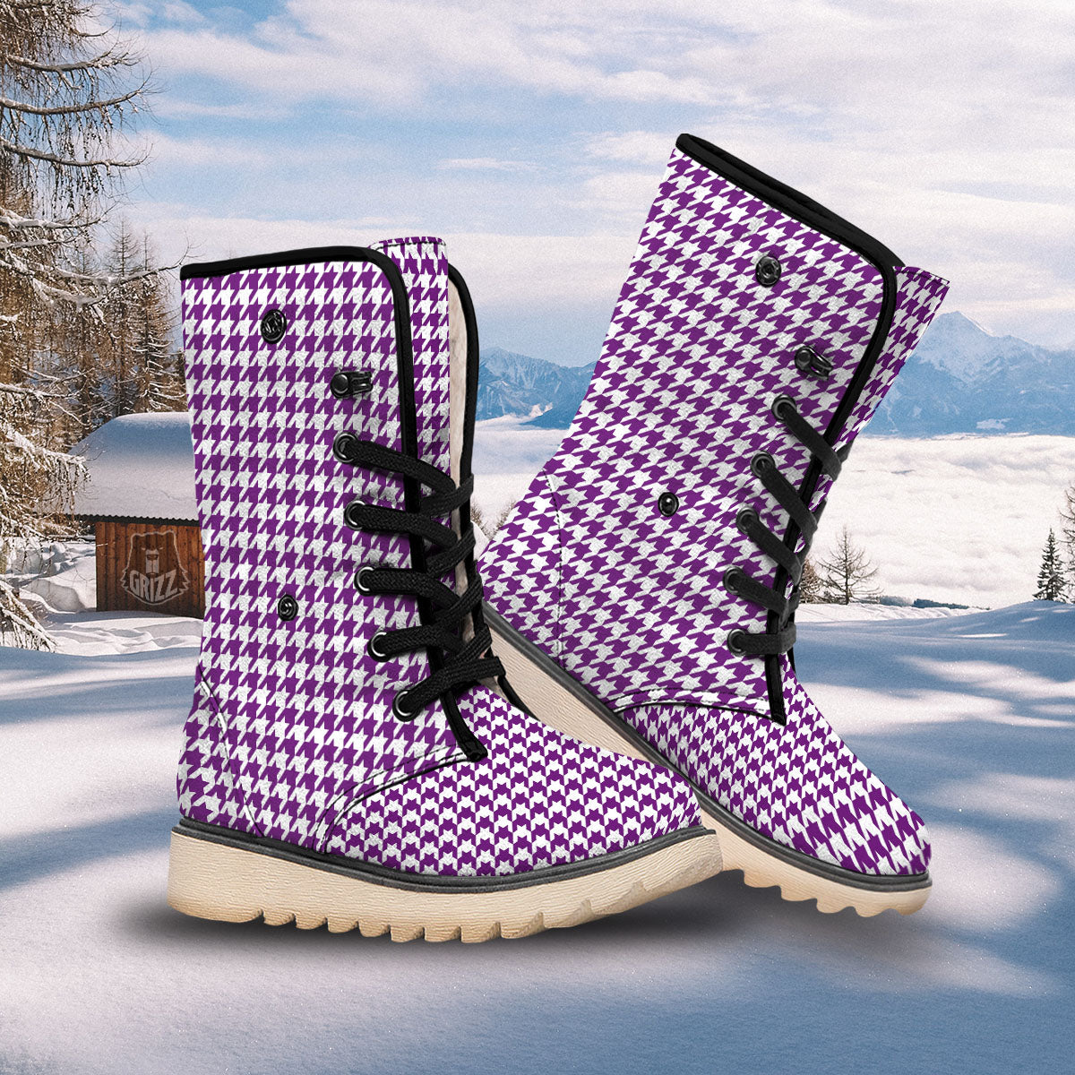 Houndstooth White And Purple Print Snow Boots-grizzshop