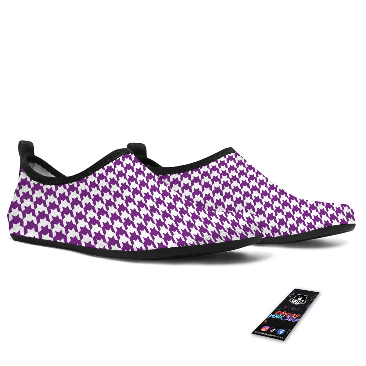 Houndstooth White And Purple Print Water Shoes-grizzshop