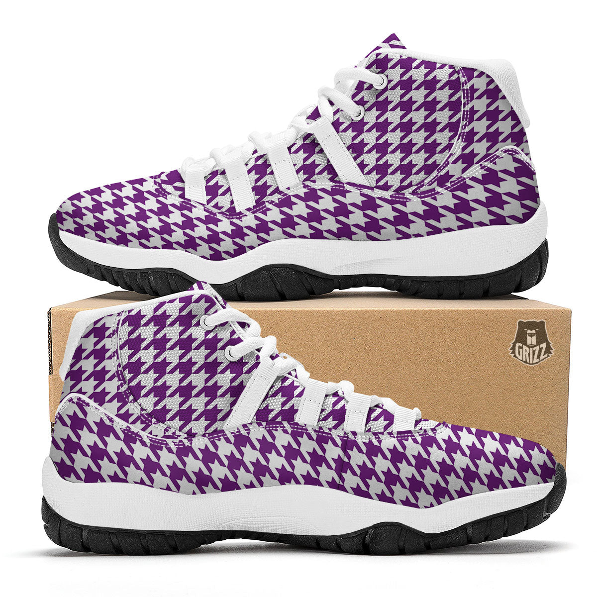 Houndstooth White And Purple Print White Bball Shoes-grizzshop