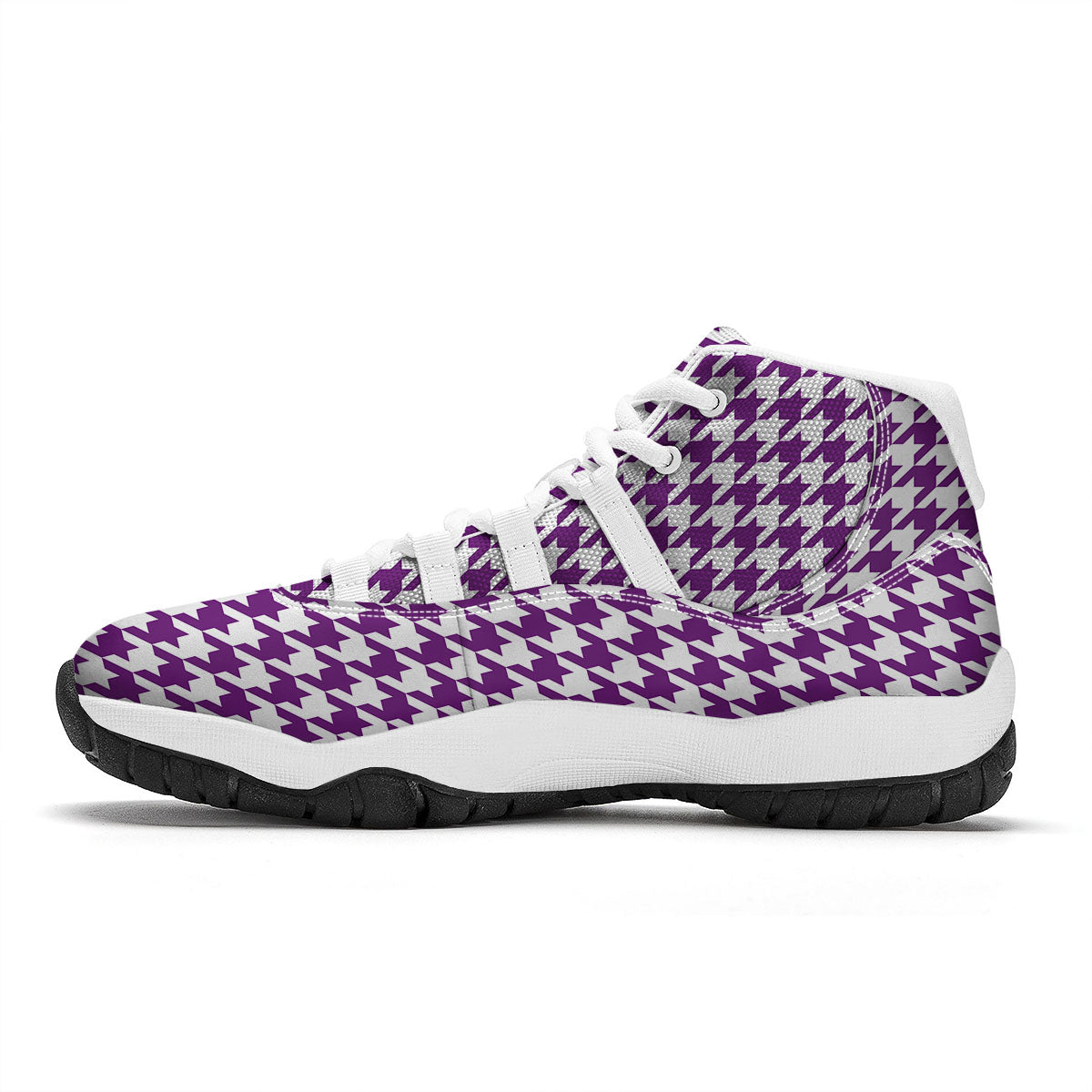 Houndstooth White And Purple Print White Bball Shoes-grizzshop