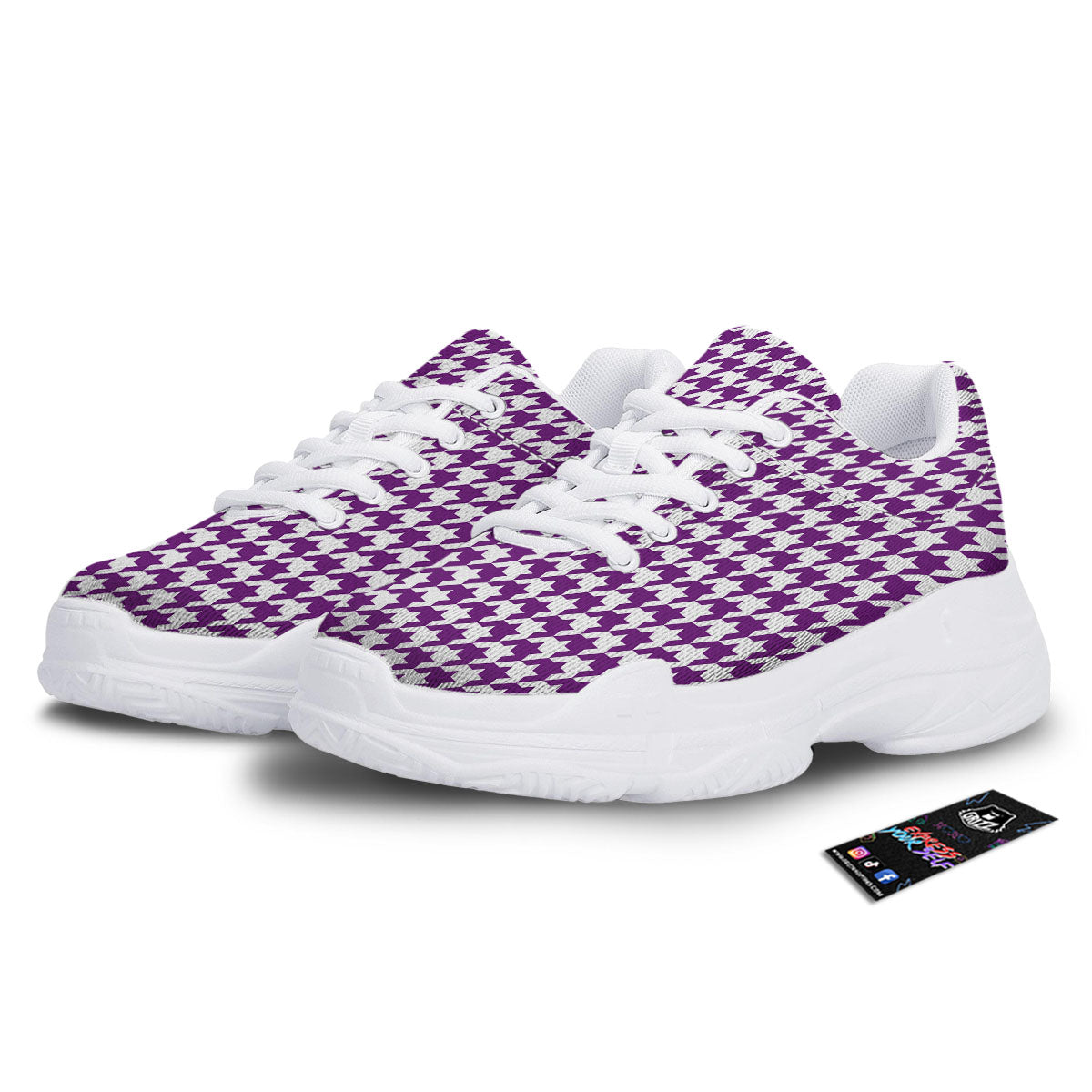 Houndstooth White And Purple Print White Chunky Shoes-grizzshop