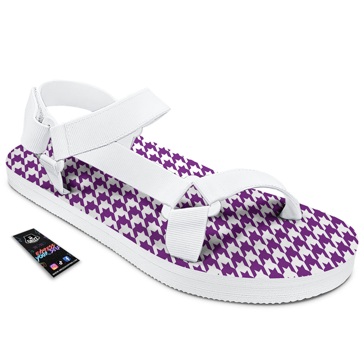 Houndstooth White And Purple Print White Open Toe Sandals-grizzshop