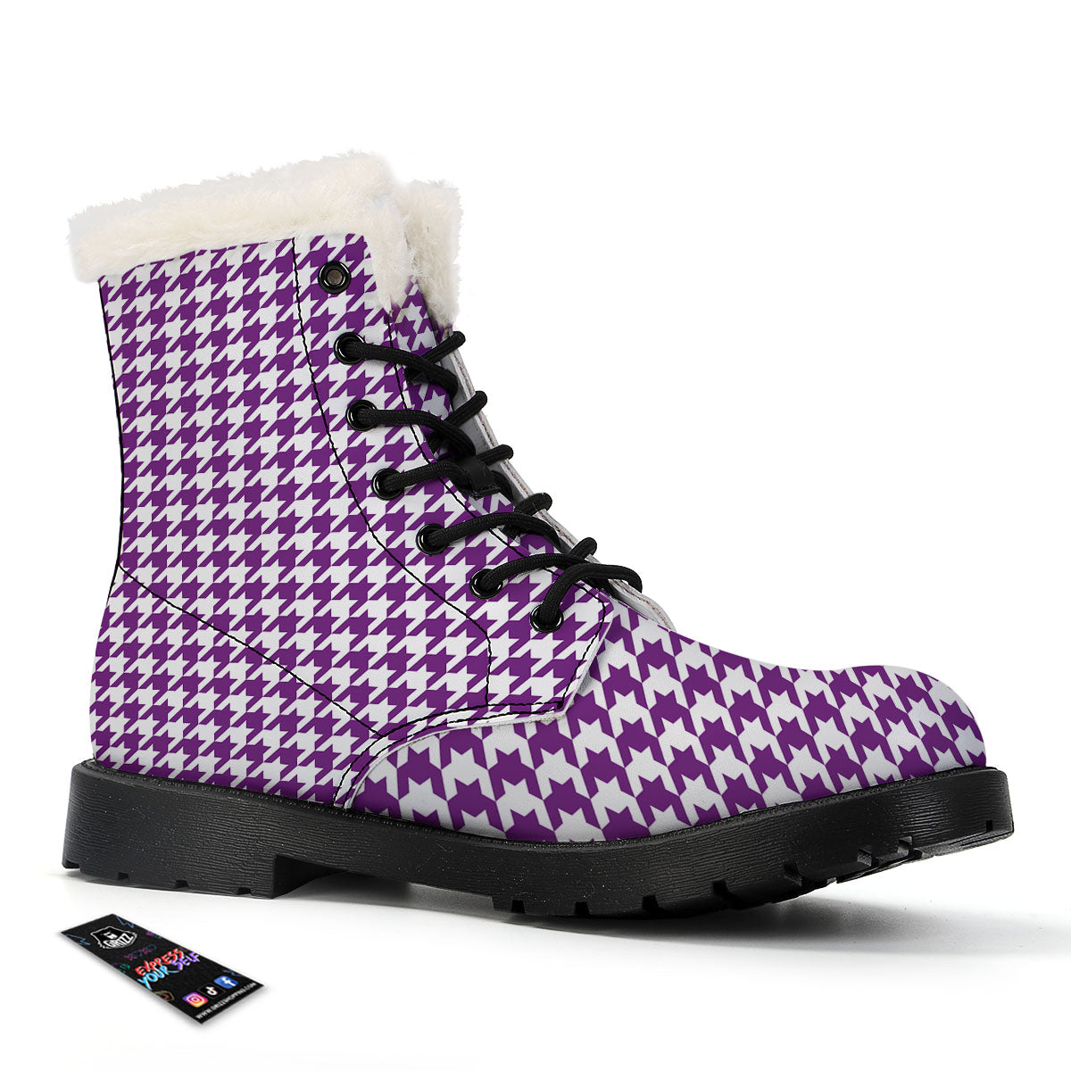 Houndstooth White And Purple Print Winter Boots-grizzshop