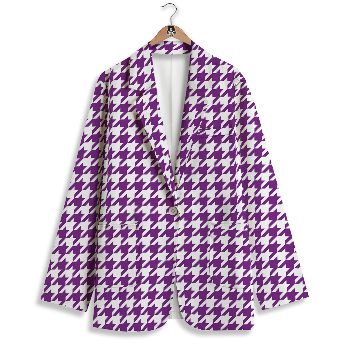 Houndstooth White And Purple Print Women's Blazer-grizzshop
