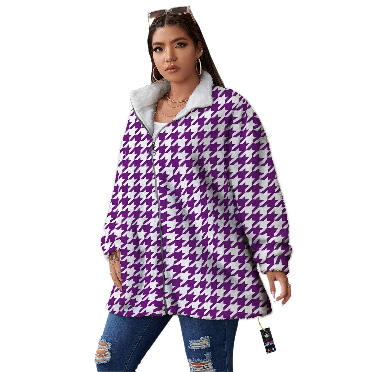 Houndstooth White And Purple Print Women's Sherpa Jacket-grizzshop