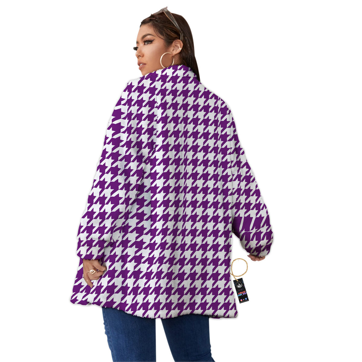 Houndstooth White And Purple Print Women's Sherpa Jacket-grizzshop
