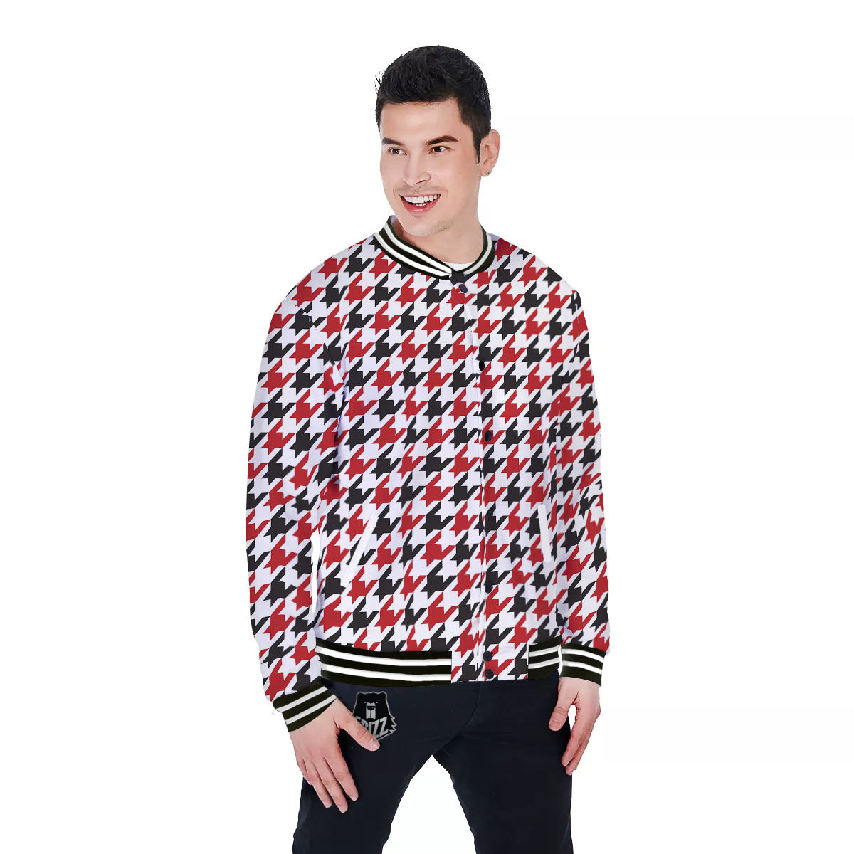Houndstooth White And Red Print Pattern Baseball Jacket-grizzshop