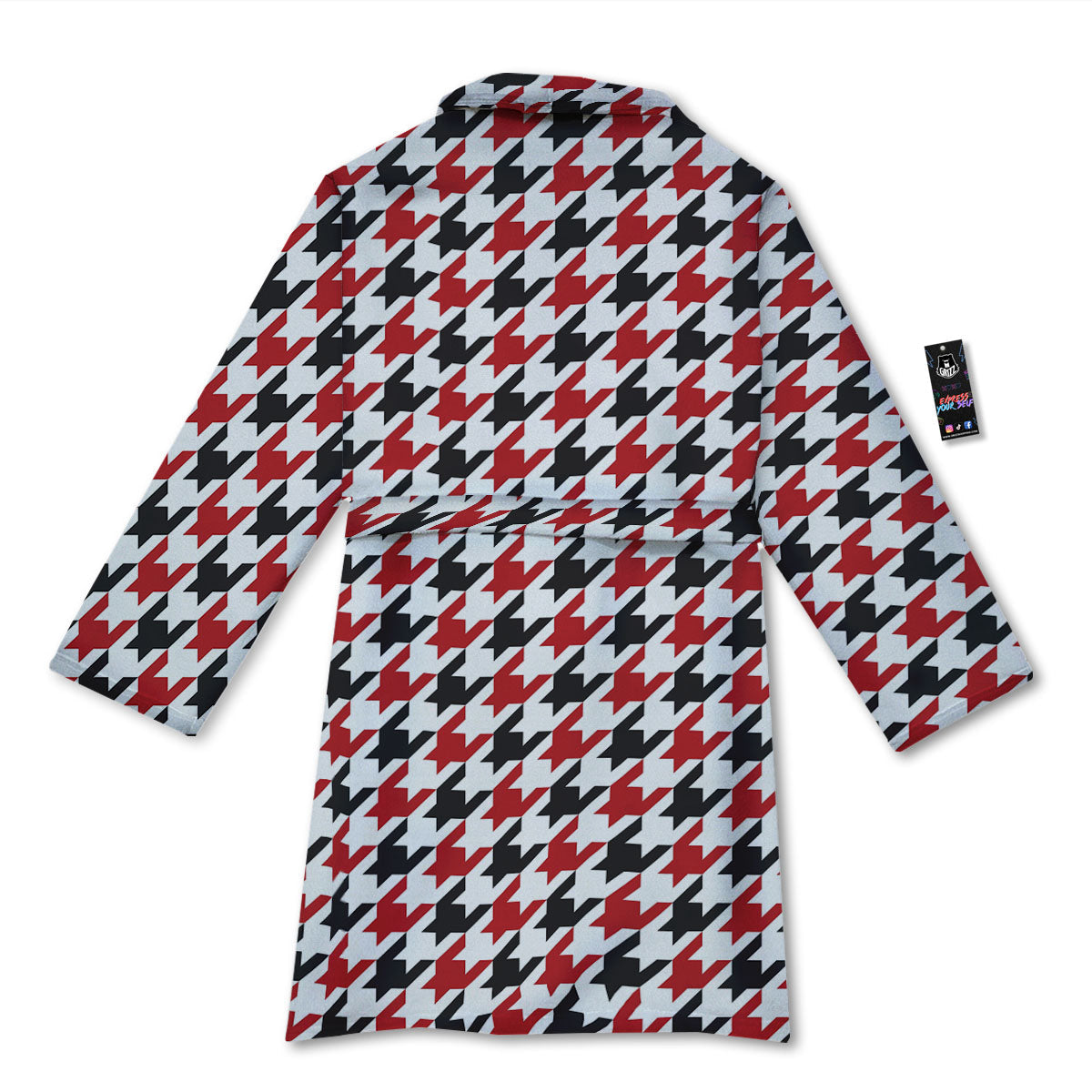 Houndstooth White And Red Print Pattern Bathrobe-grizzshop