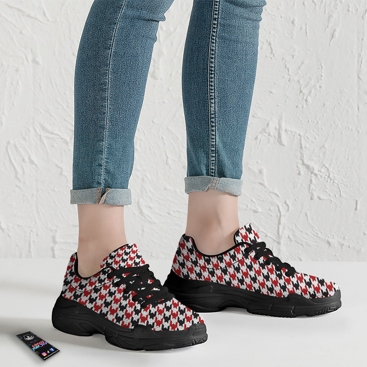 Houndstooth White And Red Print Pattern Black Chunky Shoes-grizzshop