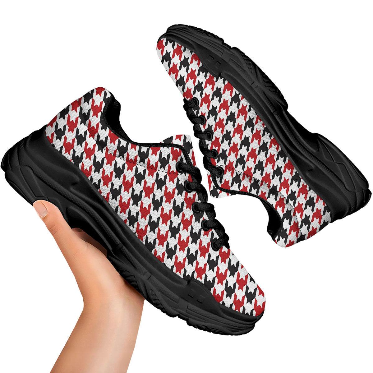 Houndstooth White And Red Print Pattern Black Chunky Shoes-grizzshop