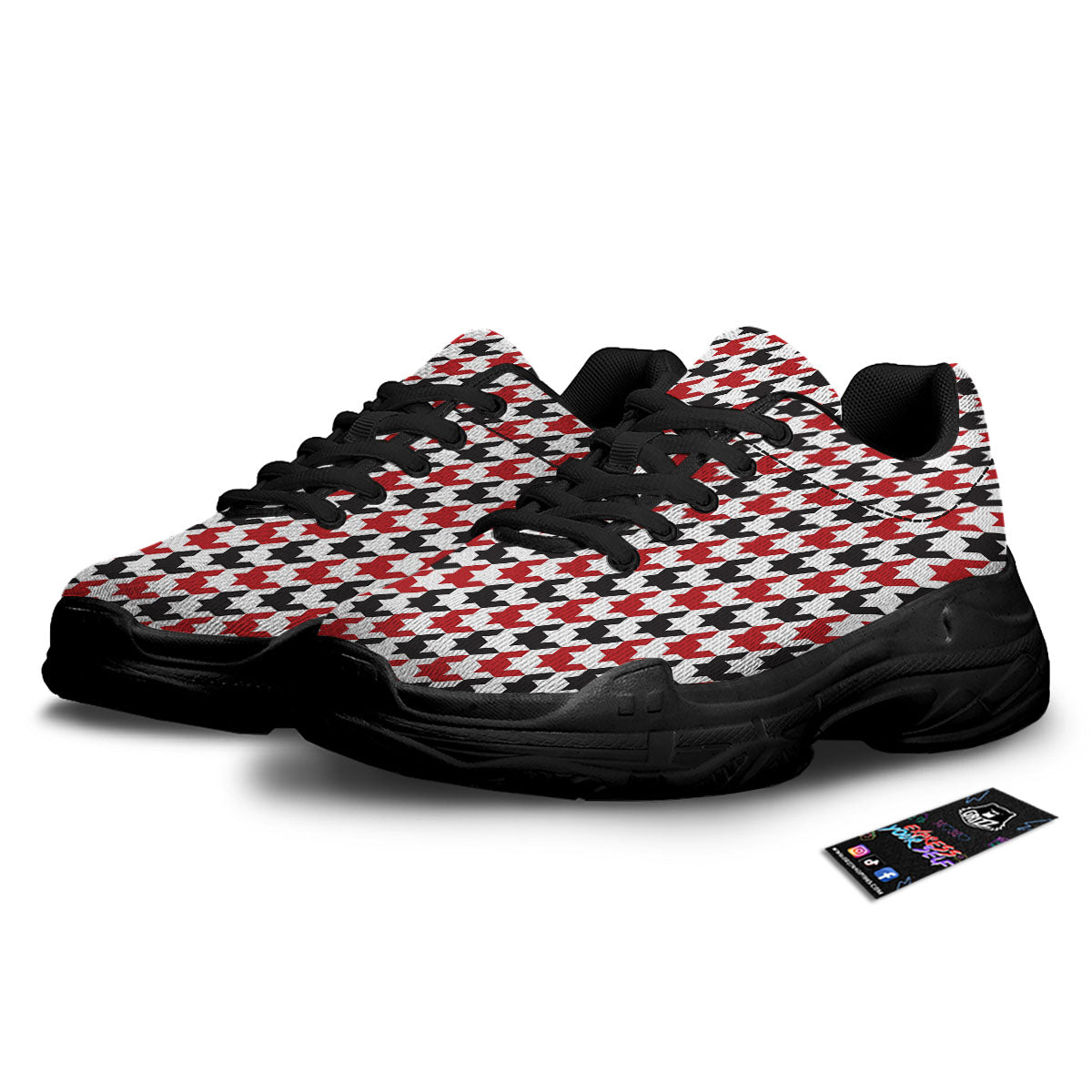 Houndstooth White And Red Print Pattern Black Chunky Shoes-grizzshop