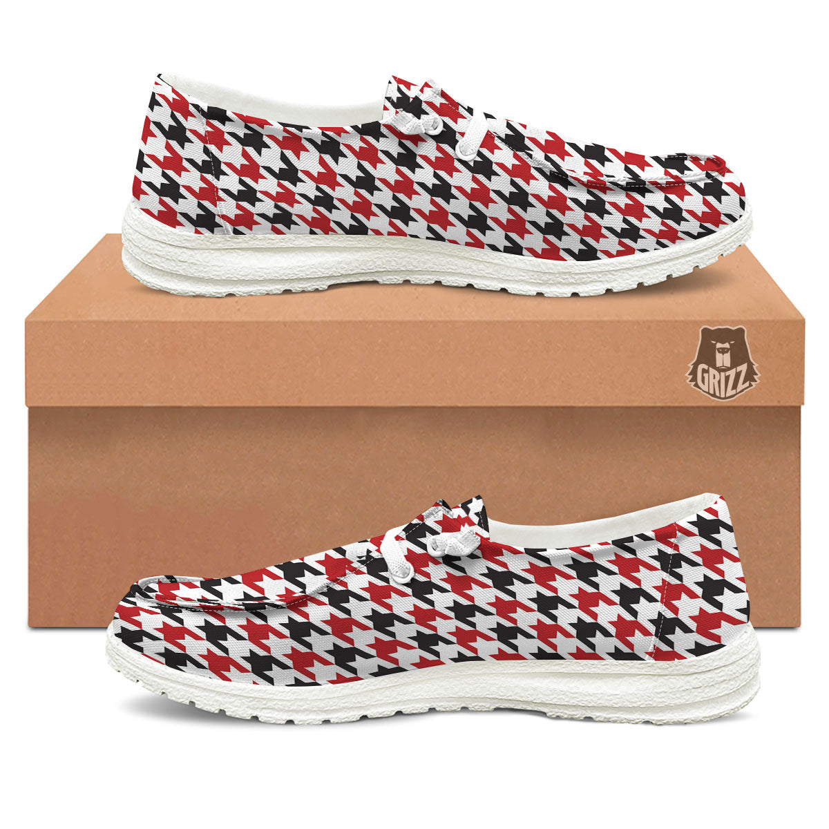 Houndstooth White And Red Print Pattern Black Loafers-grizzshop
