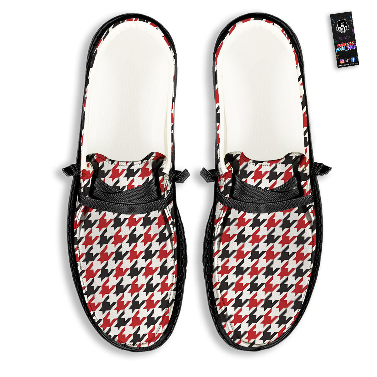 Houndstooth White And Red Print Pattern Black Loafers-grizzshop