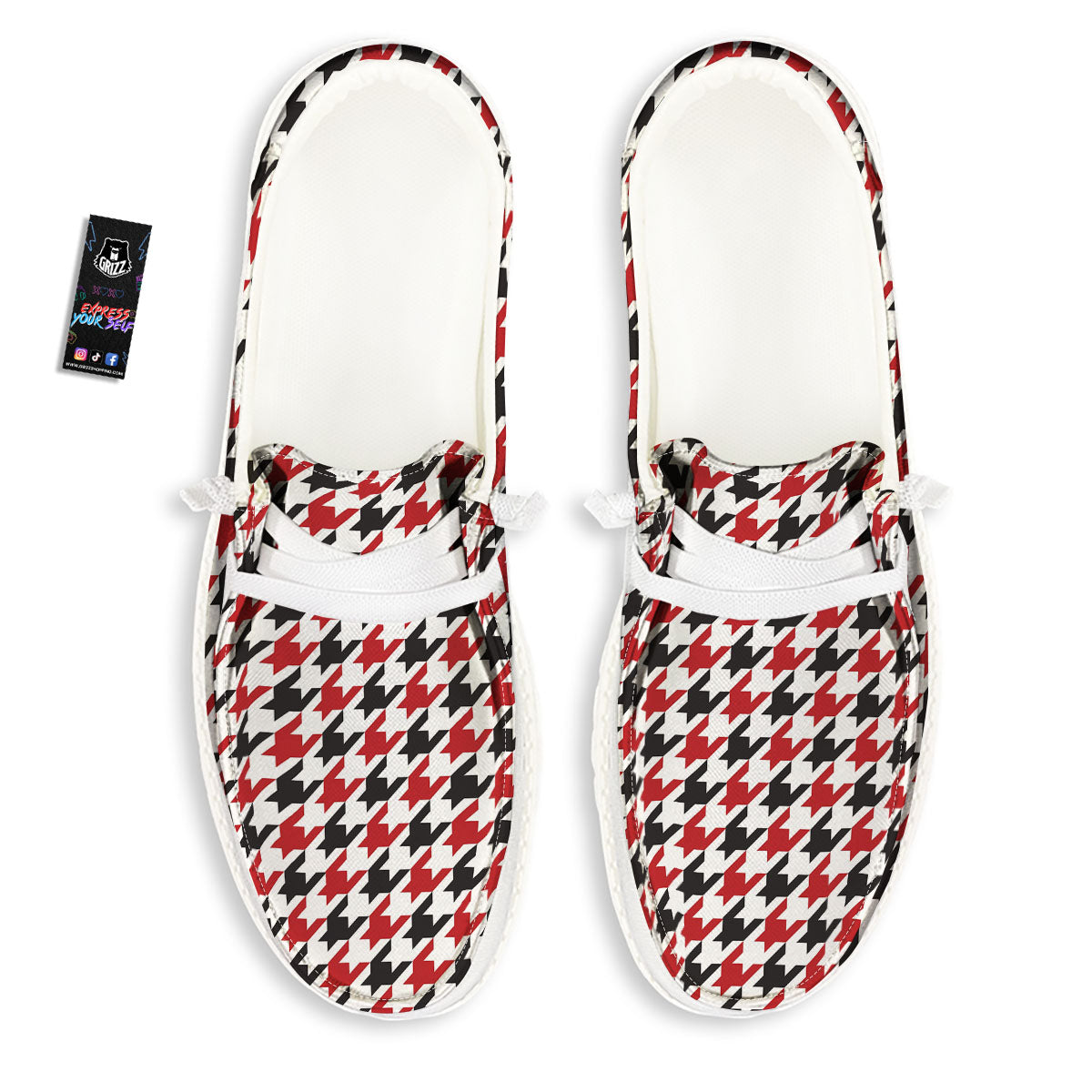 Houndstooth White And Red Print Pattern Black Loafers-grizzshop