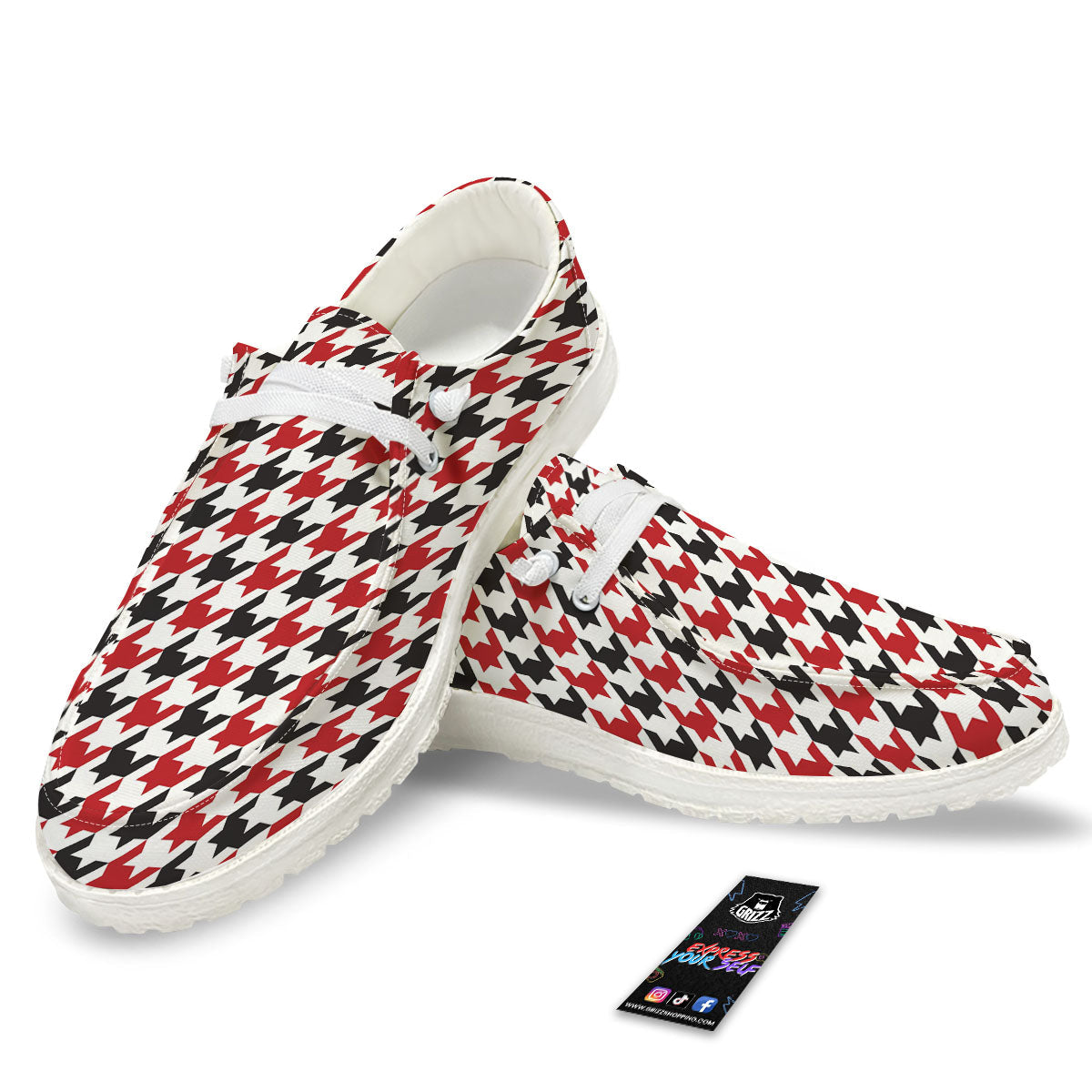Houndstooth White And Red Print Pattern Black Loafers-grizzshop