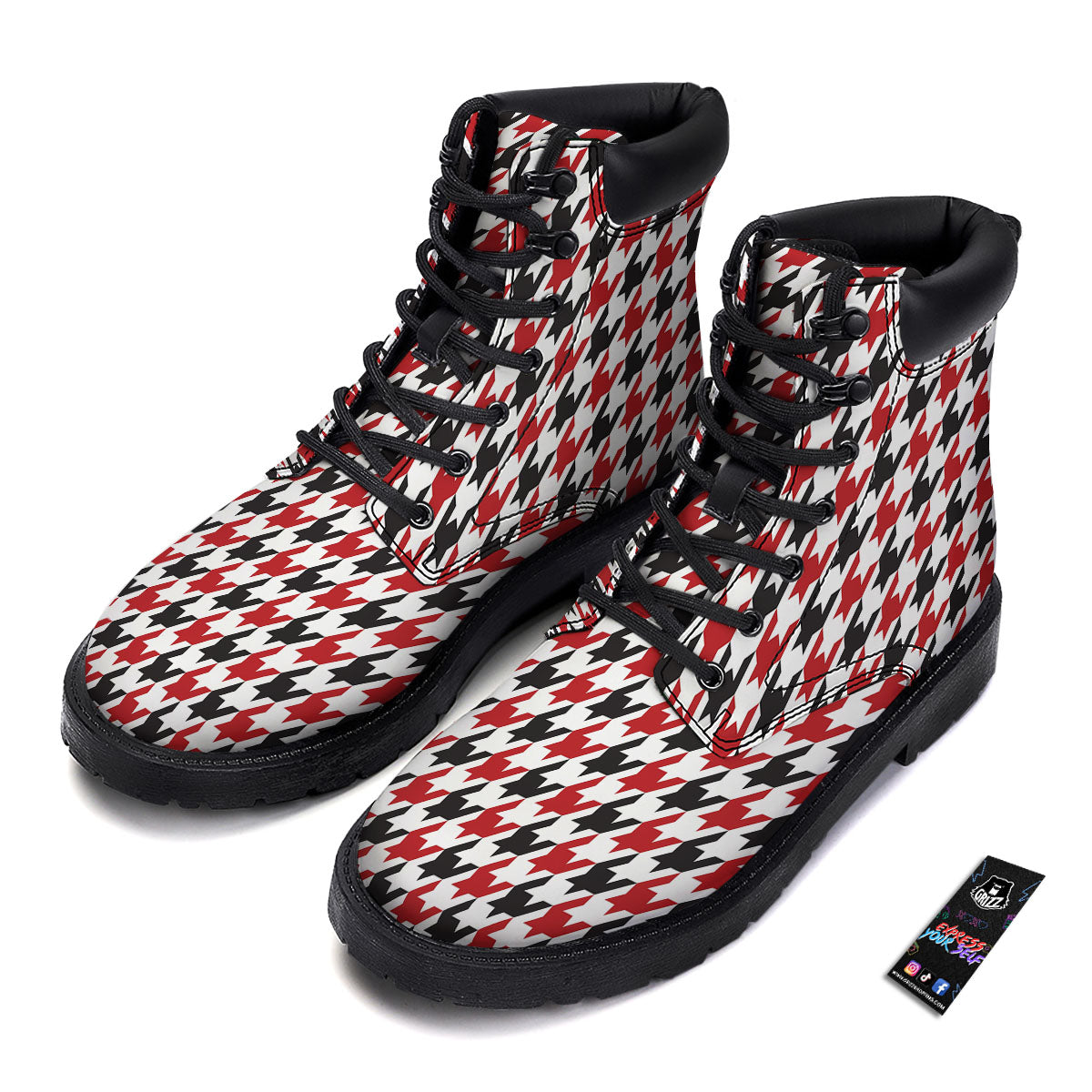 Houndstooth White And Red Print Pattern Boots-grizzshop