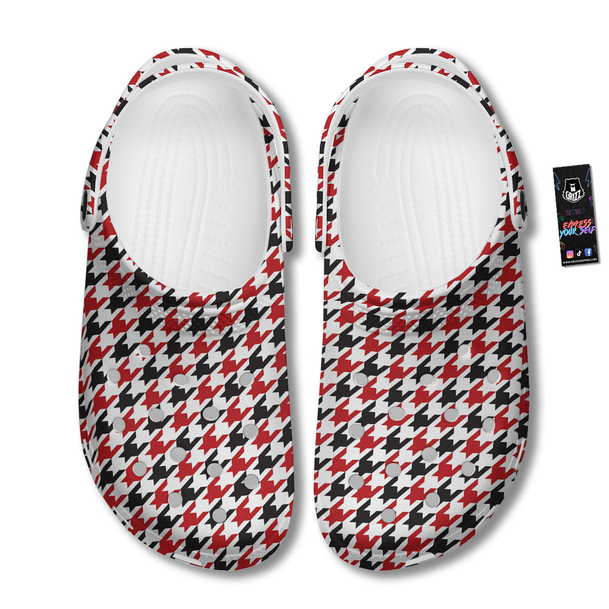 Houndstooth White And Red Print Pattern Clog-grizzshop