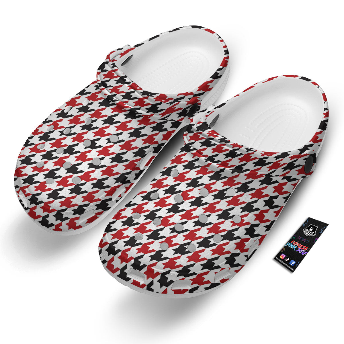 Houndstooth White And Red Print Pattern Clog-grizzshop