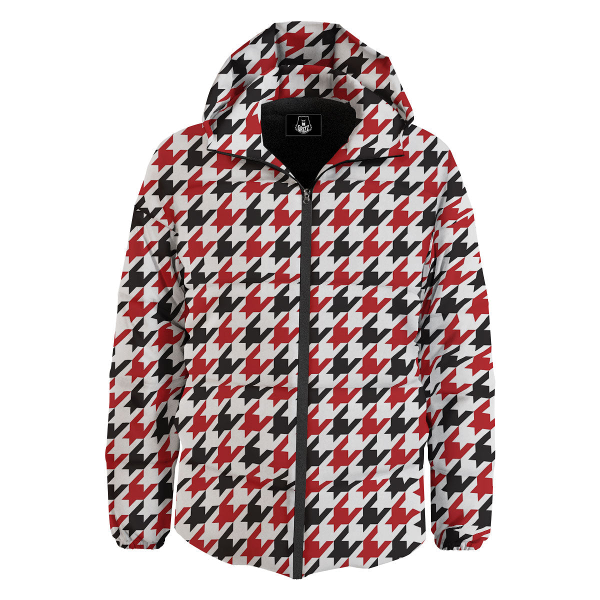 Houndstooth White And Red Print Pattern Down Jacket-grizzshop