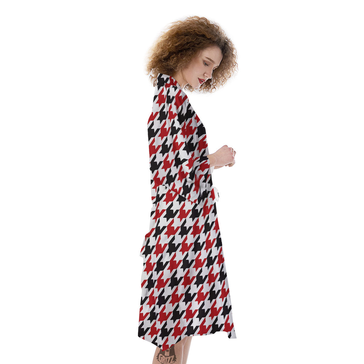 Houndstooth White And Red Print Pattern Kimono-grizzshop