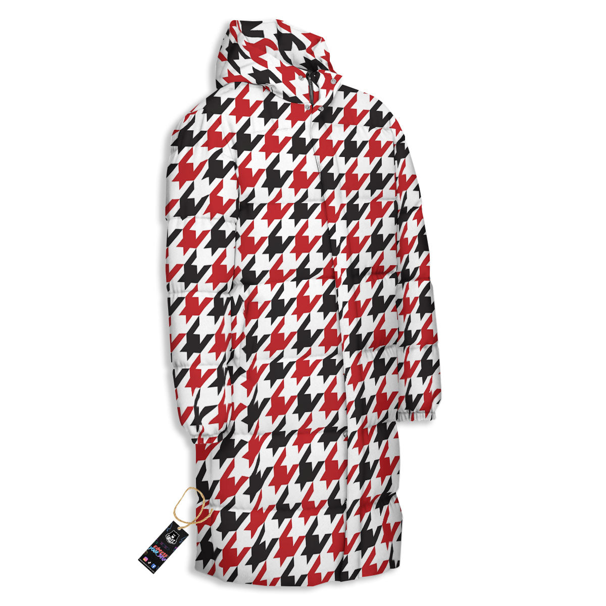 Houndstooth White And Red Print Pattern Long Down Jacket-grizzshop