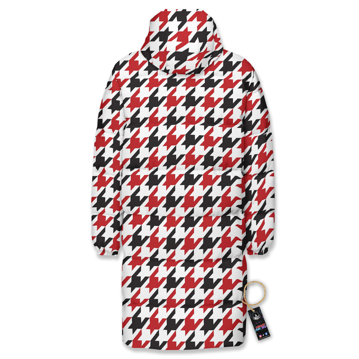 Houndstooth White And Red Print Pattern Long Down Jacket-grizzshop