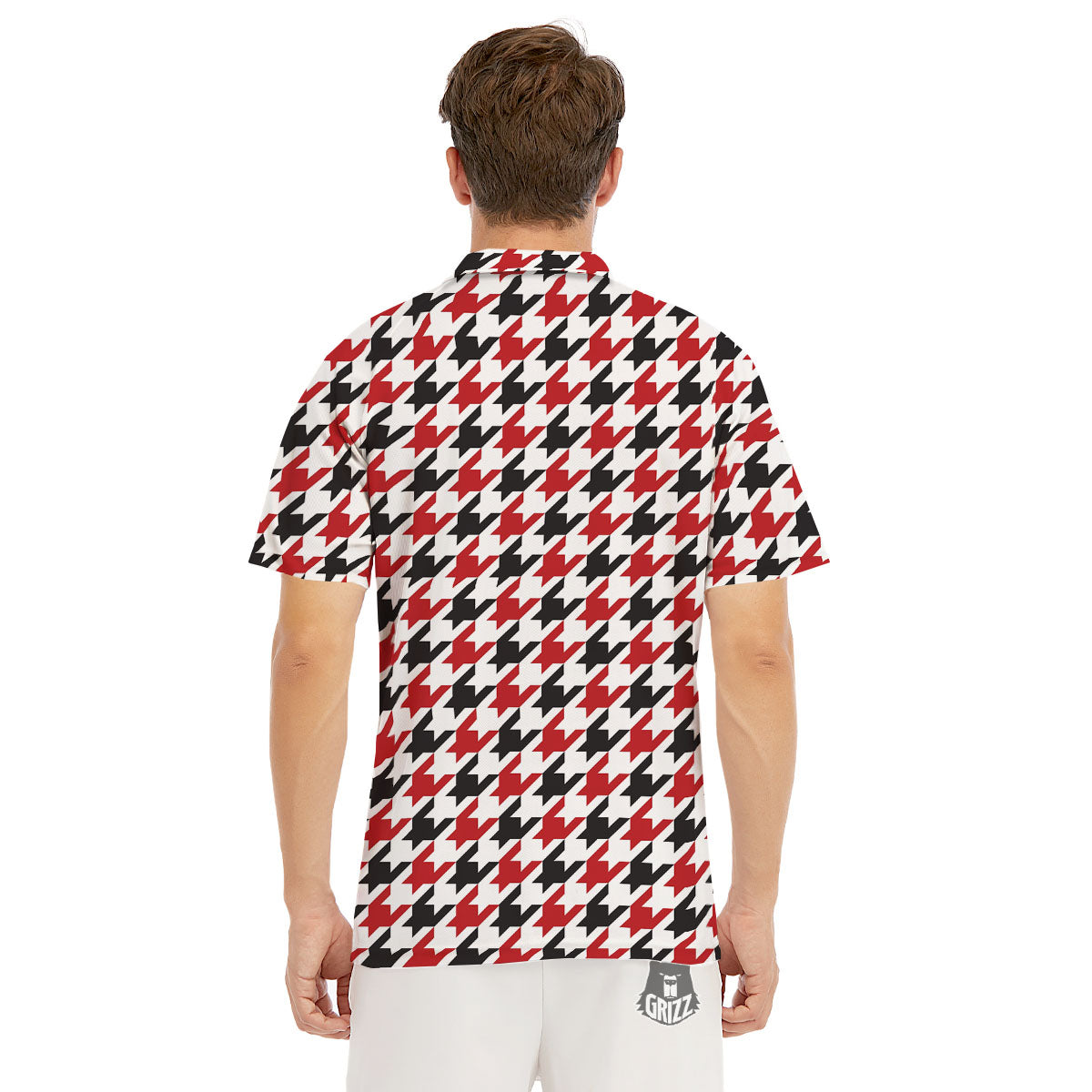Houndstooth White And Red Print Pattern Men's Golf Shirts-grizzshop