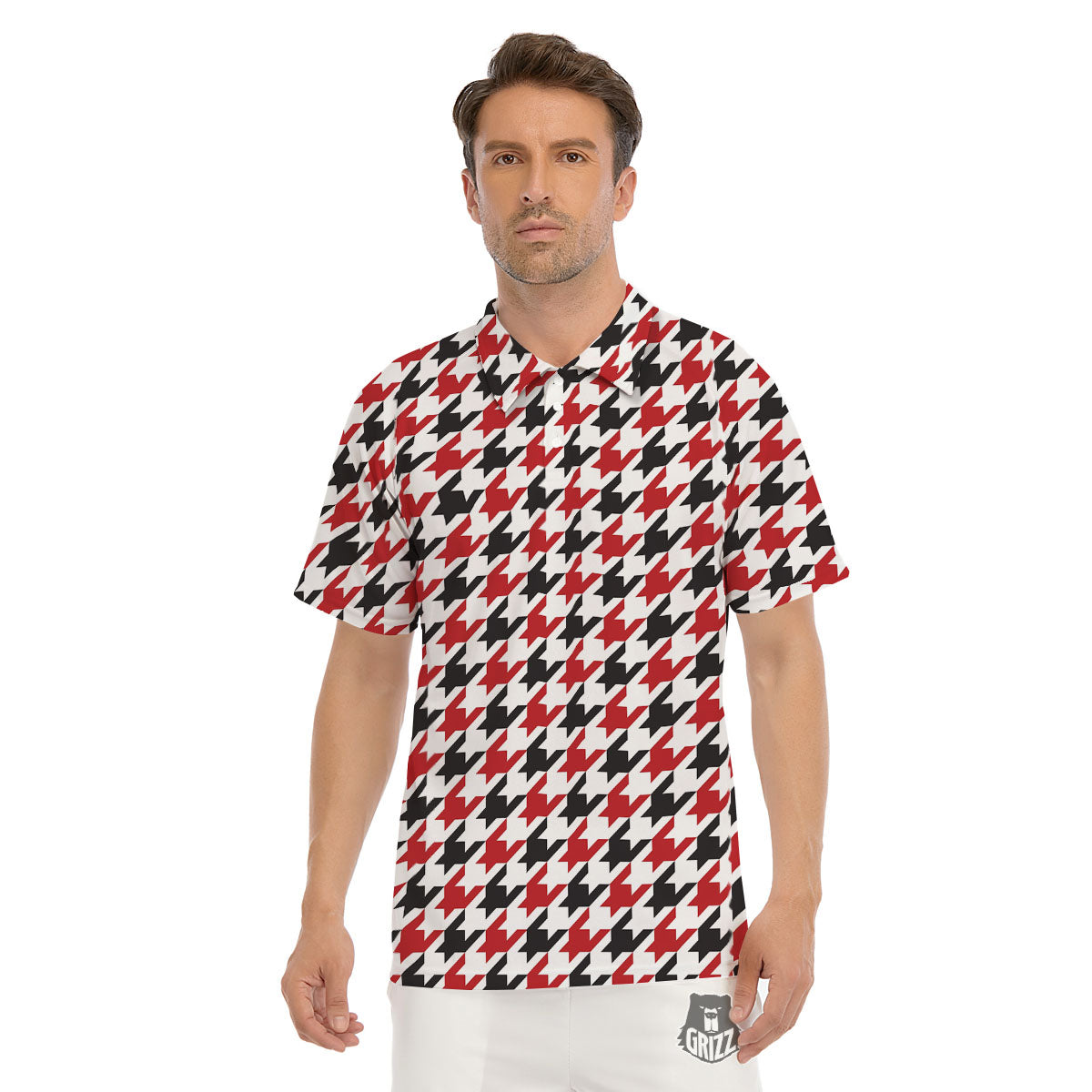 Houndstooth White And Red Print Pattern Men's Golf Shirts-grizzshop