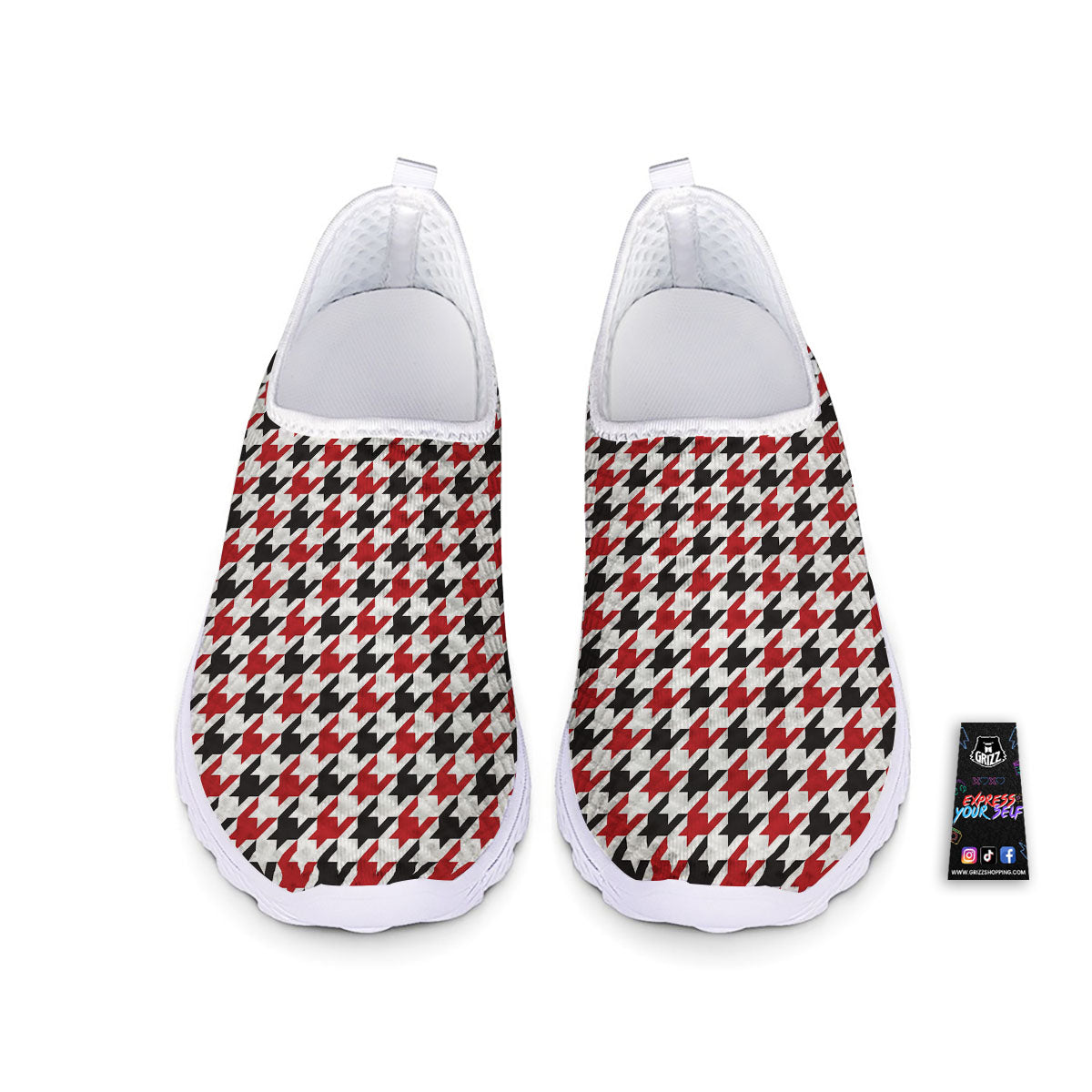 Houndstooth White And Red Print Pattern Nurse Shoes-grizzshop