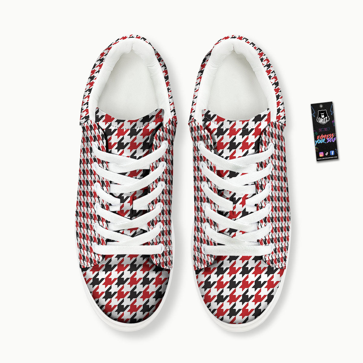 Houndstooth White And Red Print Pattern Platform Shoes-grizzshop