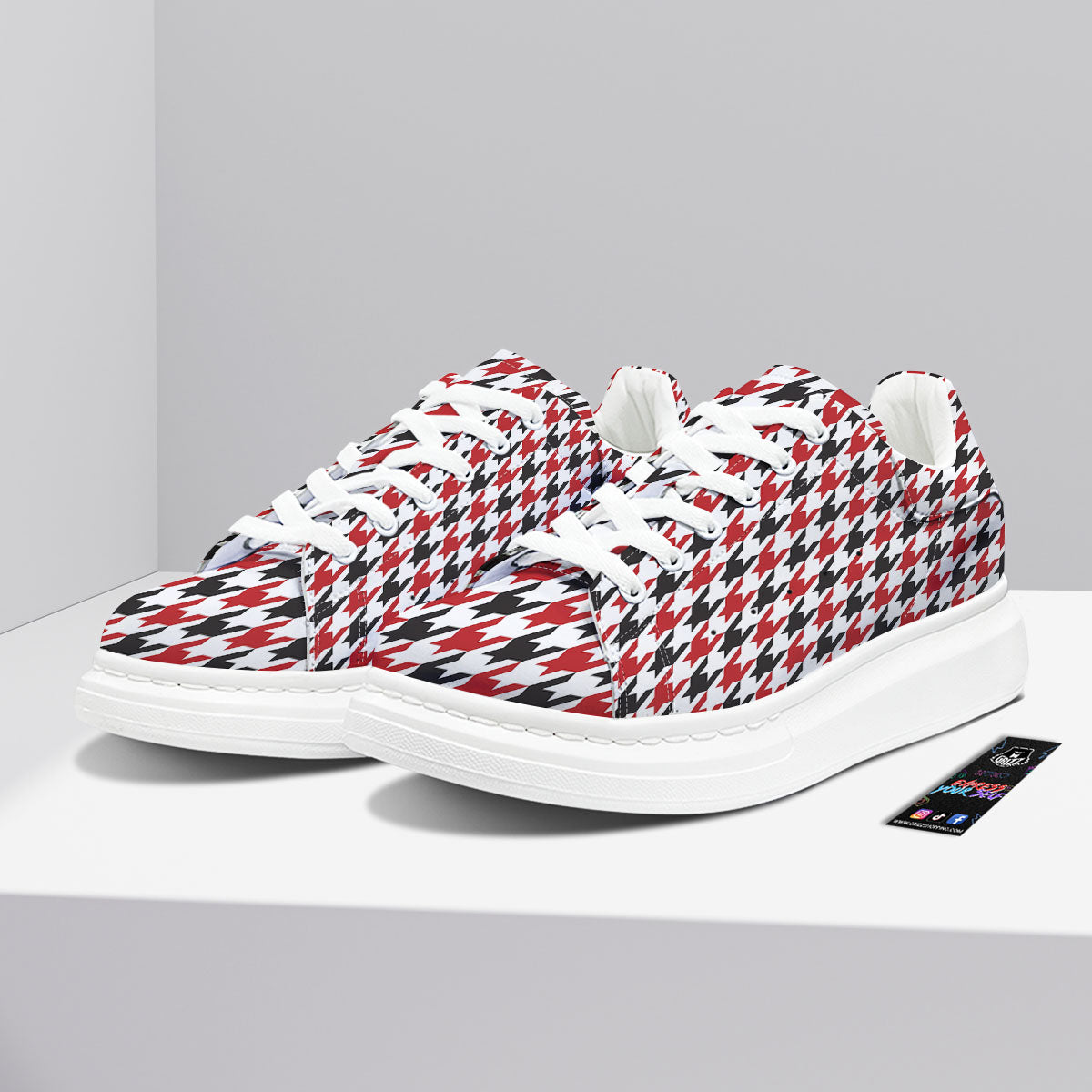 Houndstooth White And Red Print Pattern Platform Shoes-grizzshop