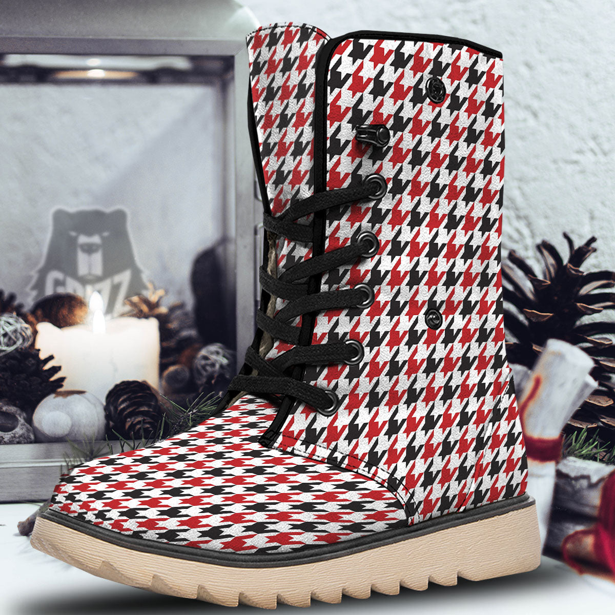 Houndstooth White And Red Print Pattern Snow Boots-grizzshop