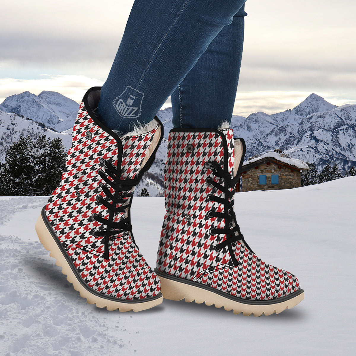 Houndstooth White And Red Print Pattern Snow Boots-grizzshop