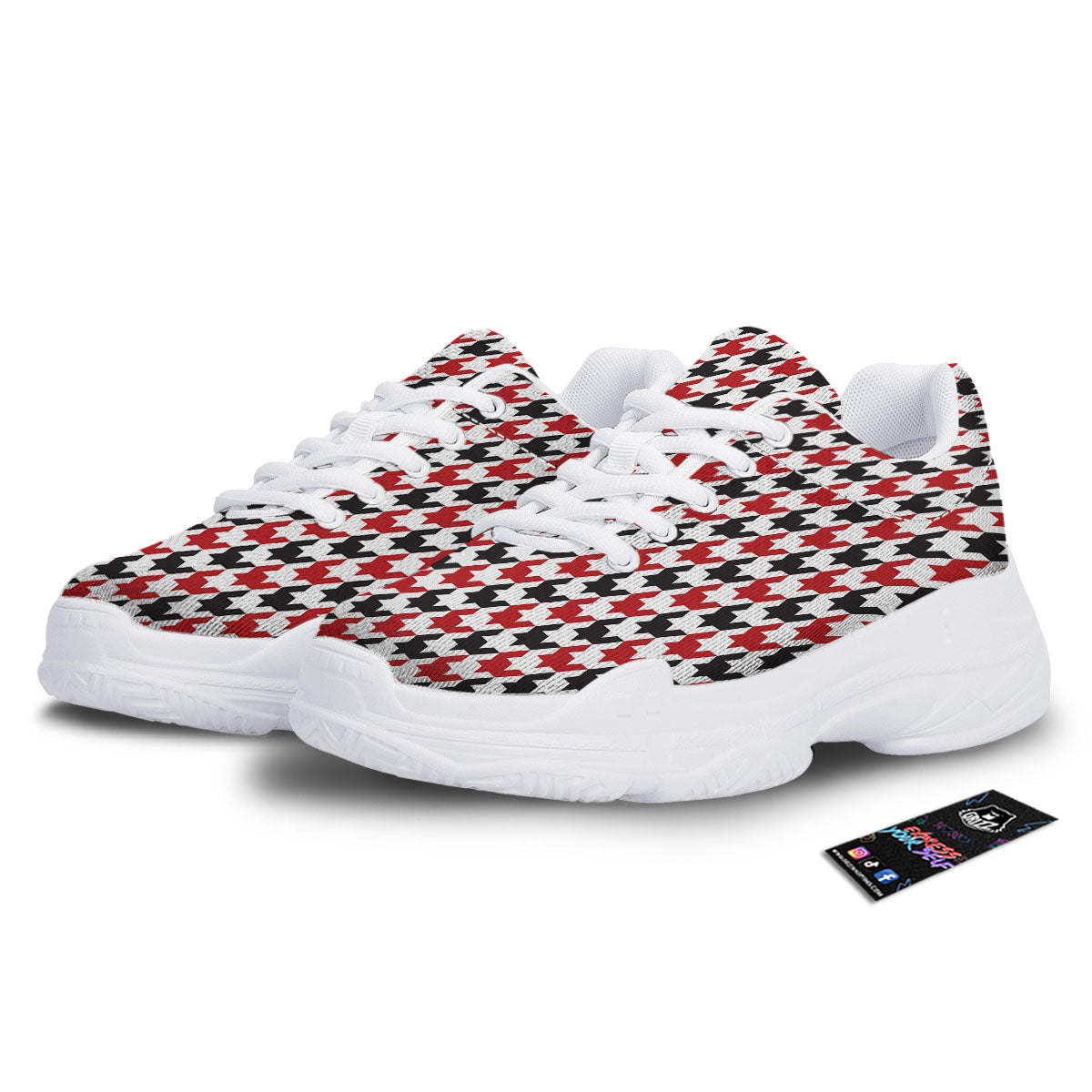 Houndstooth White And Red Print Pattern White Chunky Shoes-grizzshop