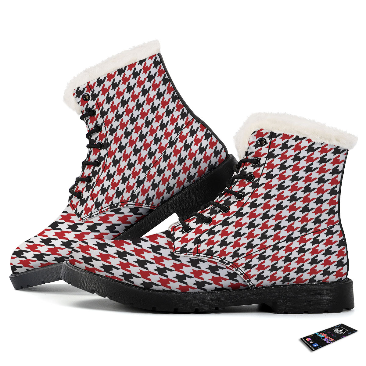 Houndstooth White And Red Print Pattern Winter Boots-grizzshop