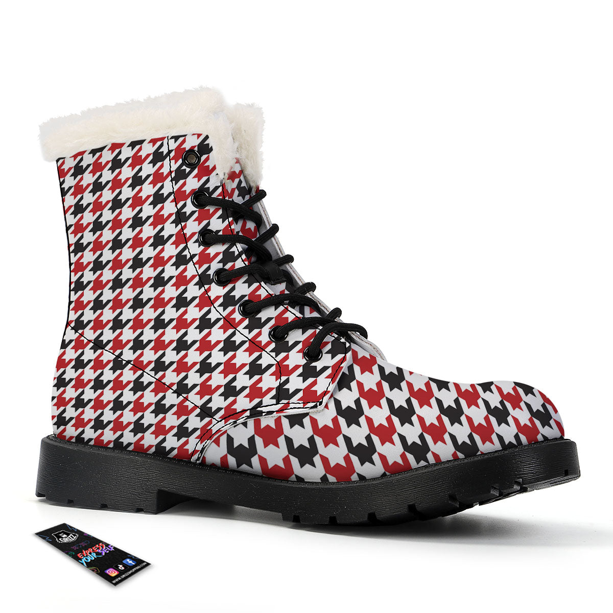 Houndstooth White And Red Print Pattern Winter Boots-grizzshop