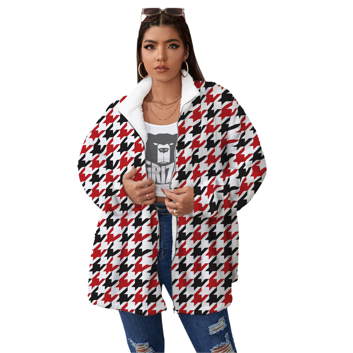 Houndstooth White And Red Print Pattern Women's Sherpa Jacket-grizzshop