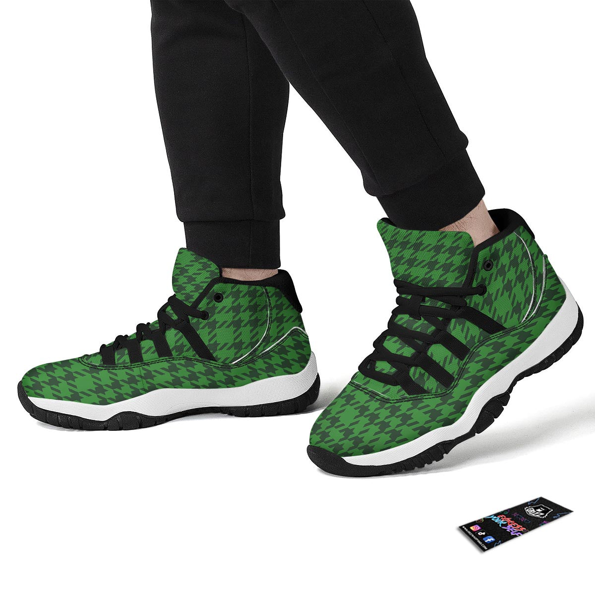 Houndstooth green Trippy Print Pattern Black Bball Shoes-grizzshop