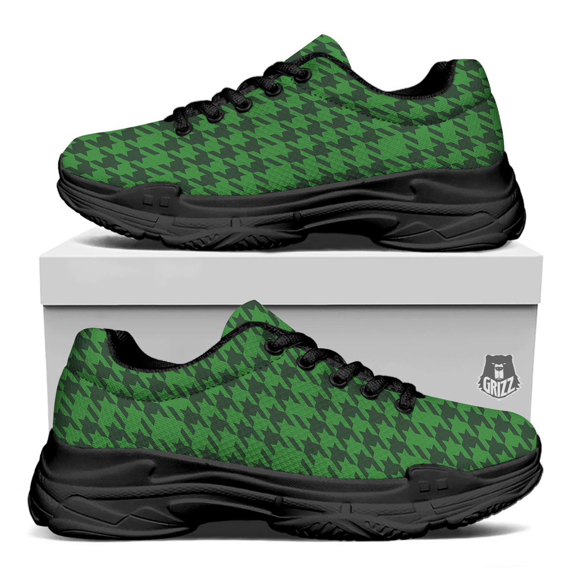 Houndstooth green Trippy Print Pattern Black Chunky Shoes-grizzshop
