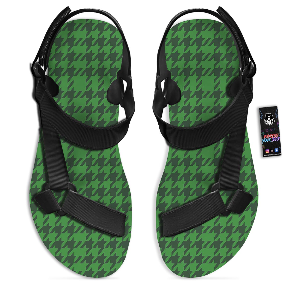 Houndstooth green Trippy Print Pattern Black Open Toe Sandals-grizzshop