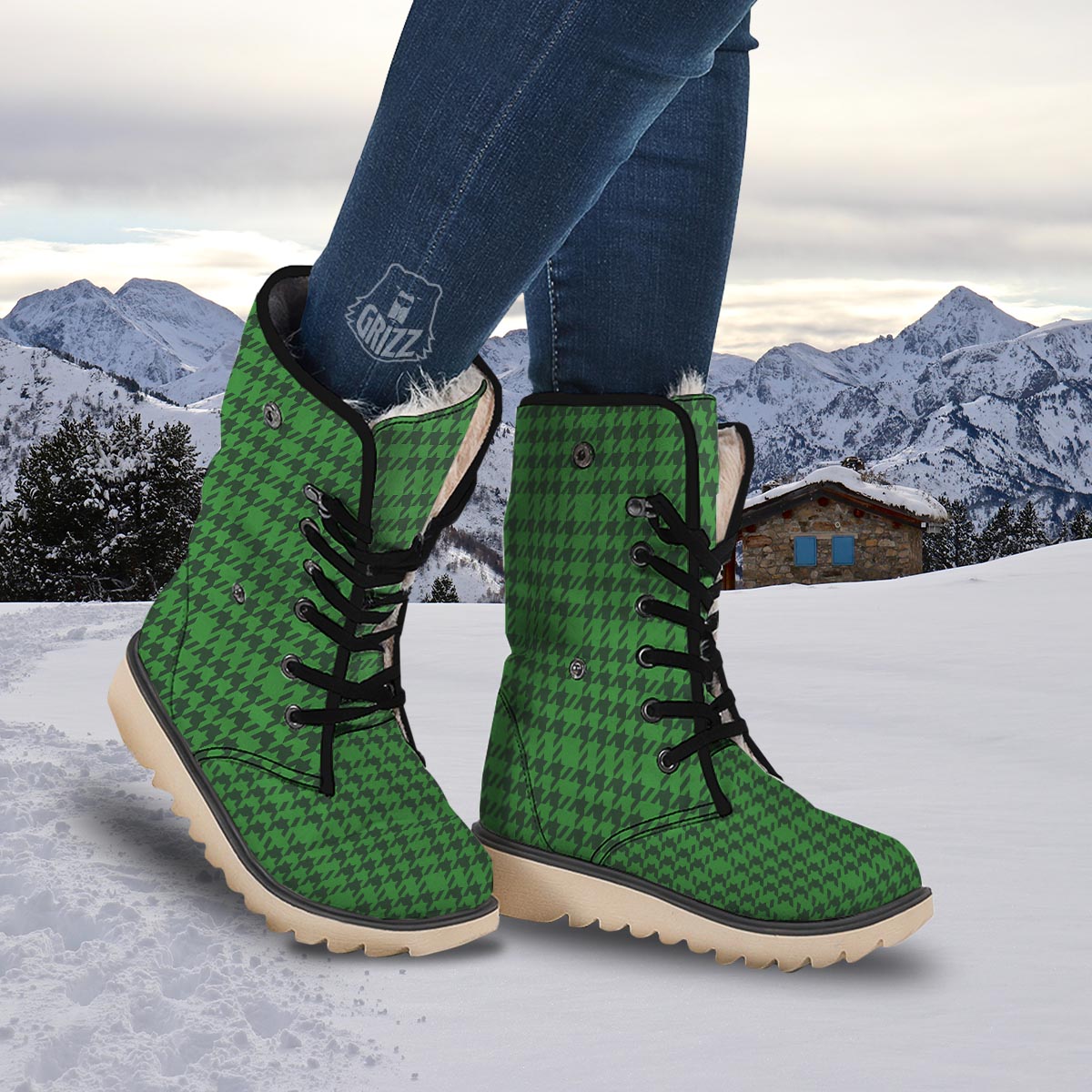Houndstooth green Trippy Print Pattern Snow Boots-grizzshop