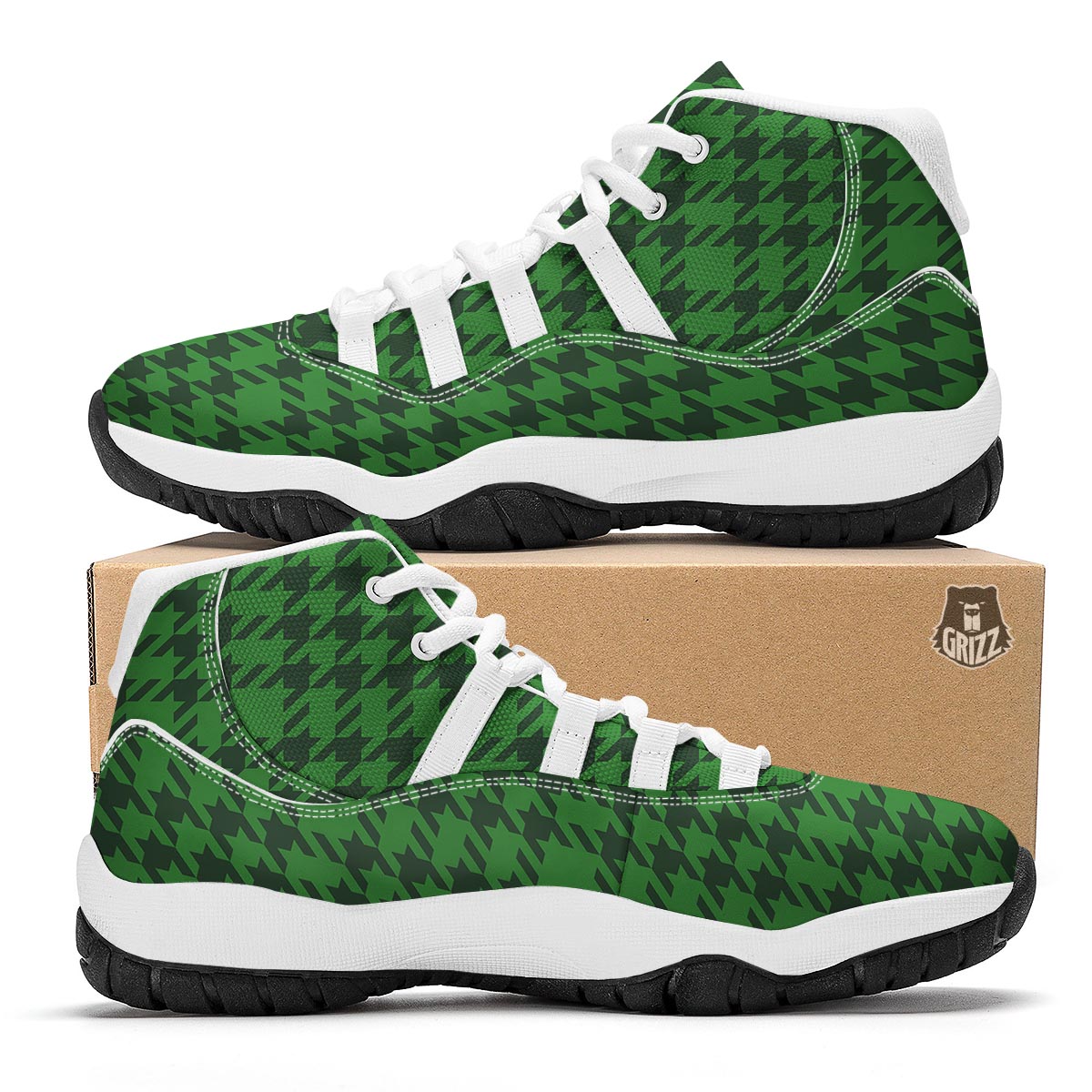 Houndstooth green Trippy Print Pattern White Bball Shoes-grizzshop