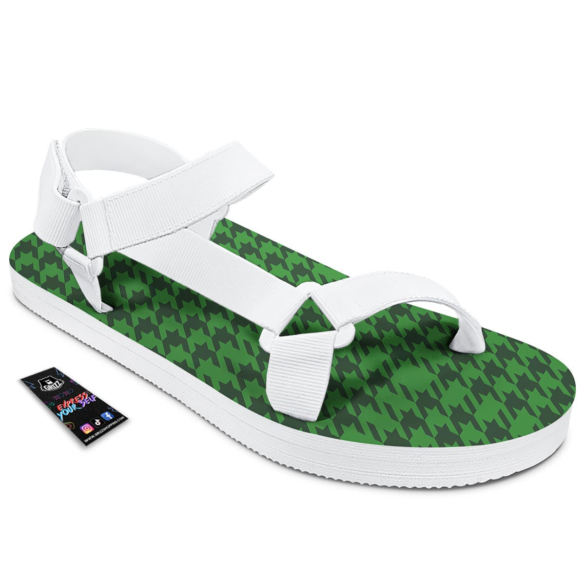 Houndstooth green Trippy Print Pattern White Open Toe Sandals-grizzshop