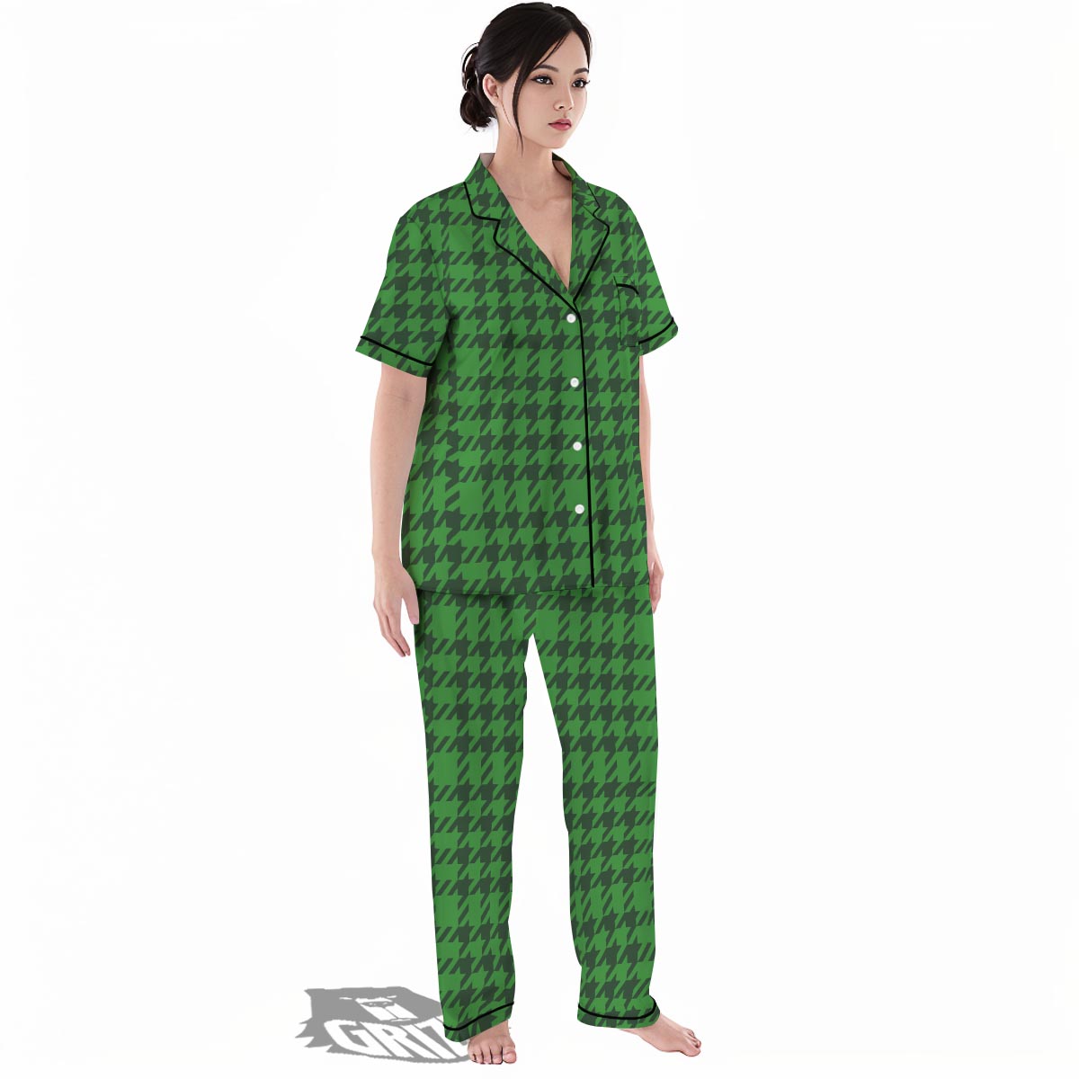 Houndstooth green Trippy Print Pattern Women's Pajamas Set-grizzshop